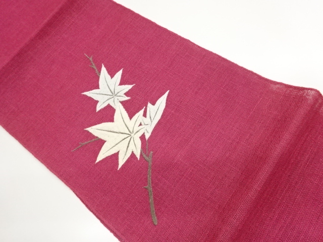 JAPANESE NAGOYA OBI FOR SUMMER / TSUMUGI / EMBROIDERY / MAPLE LEAVES